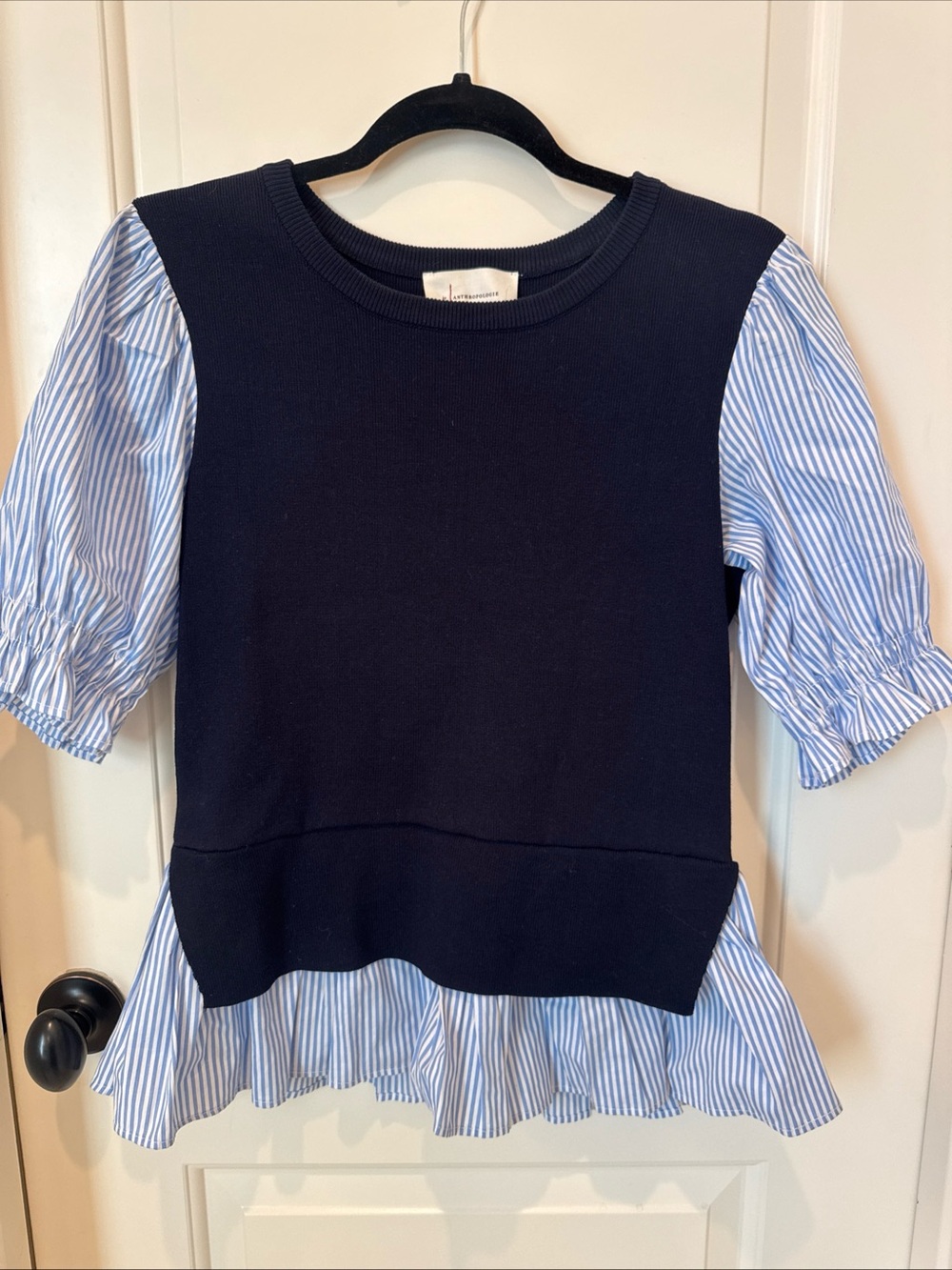 Anthropologie Mixed Media Peplum Top Small Navy Striped Puff Sleeve preppy